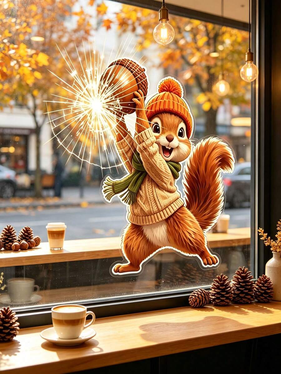 Playful Squirrel Throwing Pinecones At The Window-Static-Cling Window Decal; Suitable For Shop Windows And Home Windows To Create An Autumnal Atmosphere; Made Of Reusable PVC Material. - Multicolor - View 1