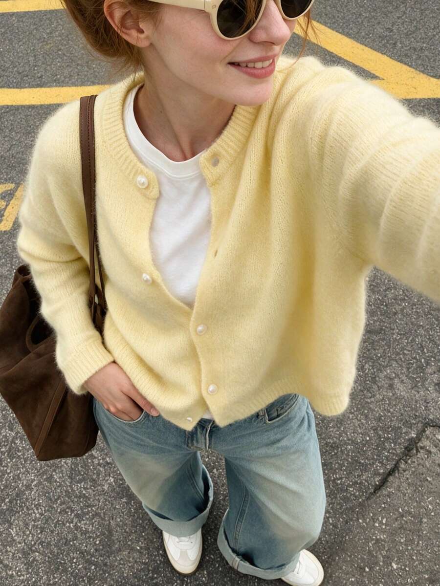 Women's Round Neck Fuzzy Knit Cardigan, Long Sleeve Button Down Casual Cropped Sweater Jacket For Fall & Winter Daily Outfit - Yellow - View 1