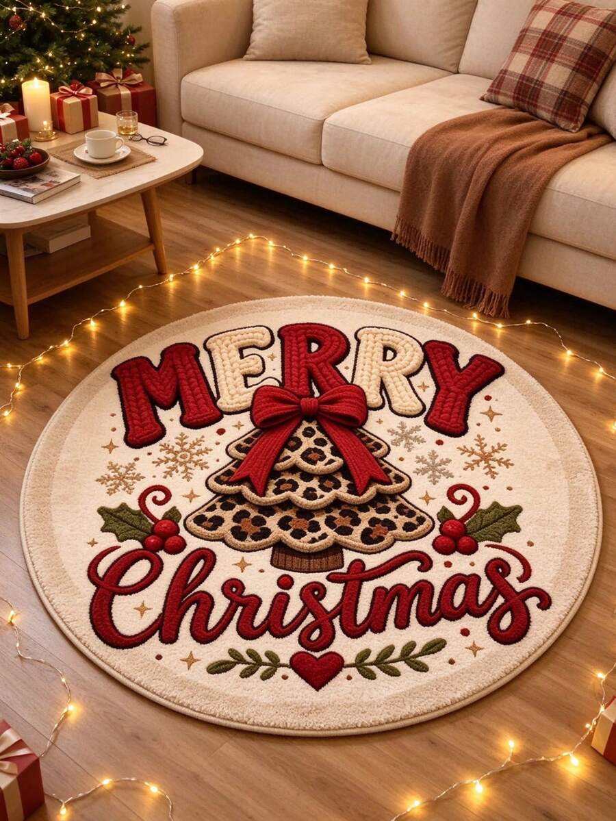 1pc Cream Leopard Print Christmas Tree Merry Christmas Round Rug, Christmas Style, Christmas, Door Mat, Small Rug, Welcome Mat, Carpet, Floor Mat, Outdoor Door Mat, Kitchen Rug, Front Door Mat, Area Rug, Outdoor Mat, Home Decor, Area Carpet, Garden Rug, Washable Rug - Multicolor - View 1