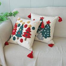1pc Fluffy Embroidered Christmas Tree Pattern Pillow Case, Christmas Holiday Decor Pillow Cover For Living Room Sofa Cushion Bed Pillow, Christmas Decoration, Pillow Insert Not Included - Multicolor - View 3