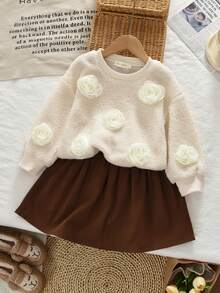 Young Girls'3D Floral Teddy Fleece Pullover Long Sleeved Winter Top&Sweatershirt And Solid Color Skirts 2 Pieces Autumn Clothes Sets - Apricot - View 1