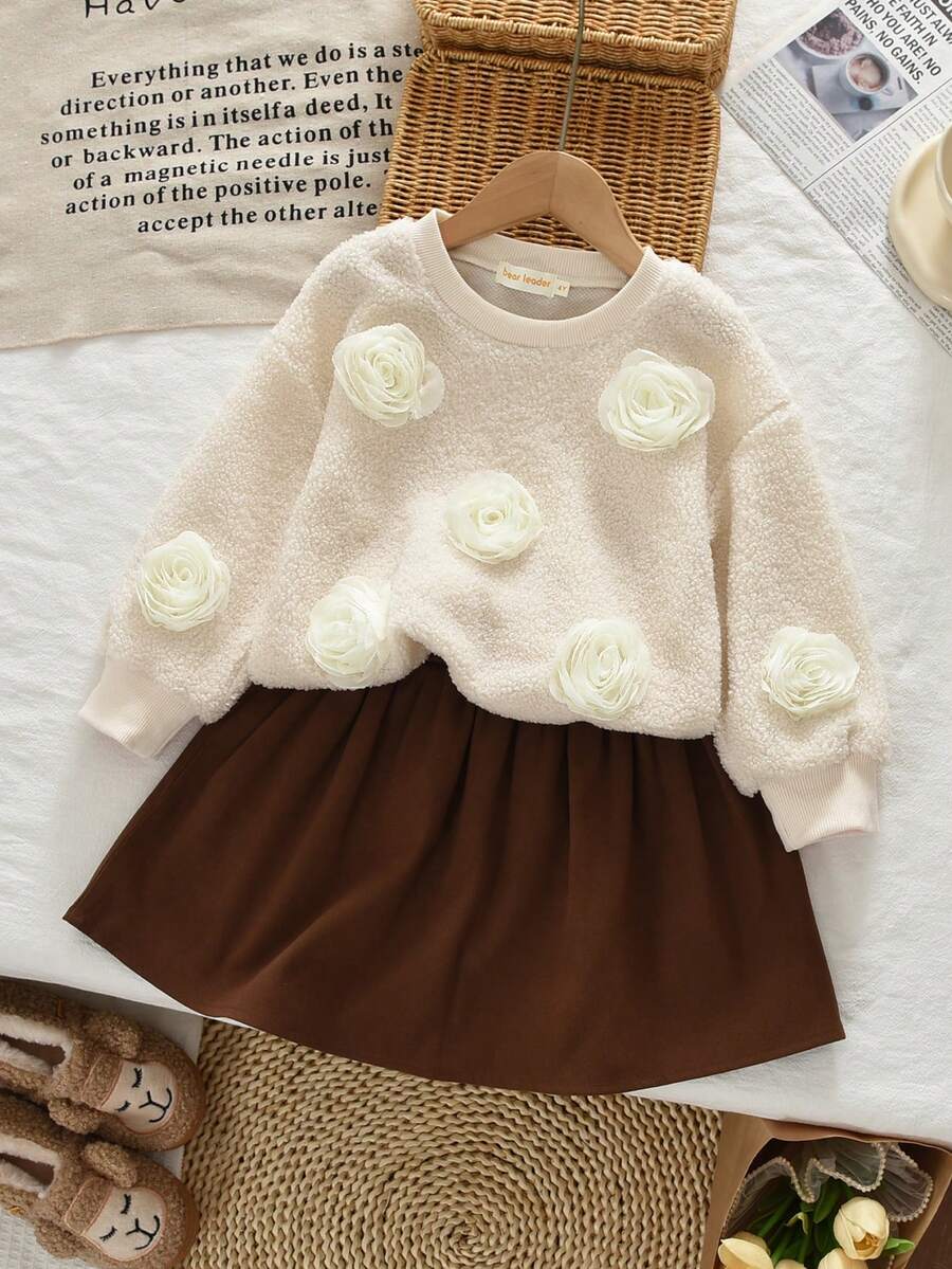 Young Girls'3D Floral Teddy Fleece Pullover Long Sleeved Winter Top&Sweatershirt And Solid Color Skirts 2 Pieces Autumn Clothes Sets - Apricot - View 1
