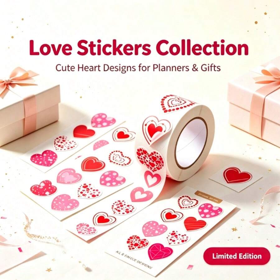 Heart Stickers Roll, 8 Unique Cute Heart Pattern Self-Adhesive Stickers, Suitable For Gift Wrapping, Planner, Scrapbook, Valentine's Day DIY Craft Decoration - A - View 1