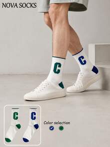 2 Pairs Men's Mid-Calf Socks With Letter C, Green, Blue, White, Suitable For Outdoor And Indoor, Unisex, Comfortable Fabric, Fashion, Sports, Gift For Men - Multicolor - View 7