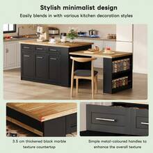 Kitchen Island With Extendable Dining Table, Large Storage Cabinet With Drawers And Adjustable Shelves, Rolling And Stationary Kitchen Island Dining, Marble Effect Countertop, 150x90x90cm - 1 - View 5
