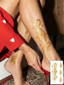 1pc Y2K Style Gold Foil Floral Pattern Creative Tattoo Sticker, Lasts 2-3 Days, Waterproof And Easy To Use, Essential For Parties, Gifts, Travel, Music Festivals, Suitable For People's Daily Use - Gold - View 1