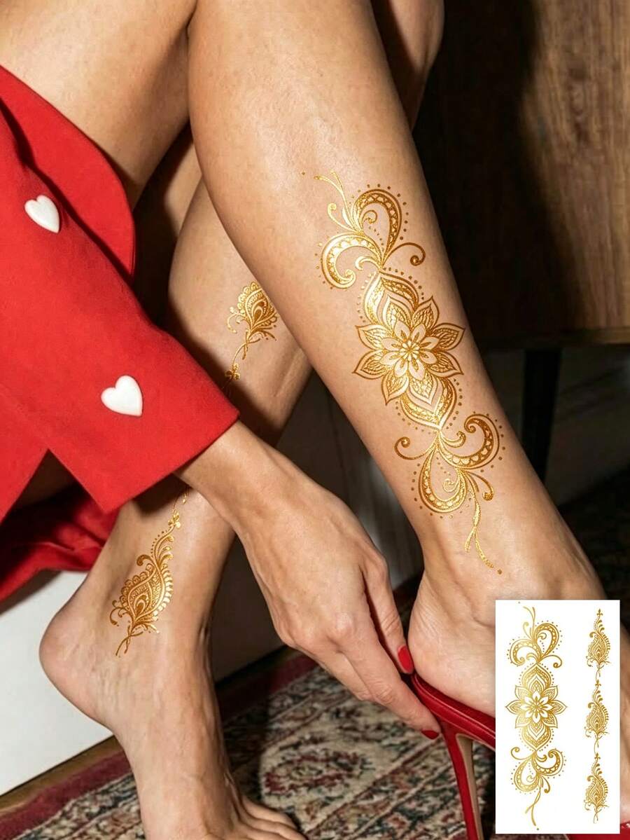 1pc Y2K Style Gold Foil Floral Pattern Creative Tattoo Sticker, Lasts 2-3 Days, Waterproof And Easy To Use, Essential For Parties, Gifts, Travel, Music Festivals, Suitable For People's Daily Use - Gold - View 1