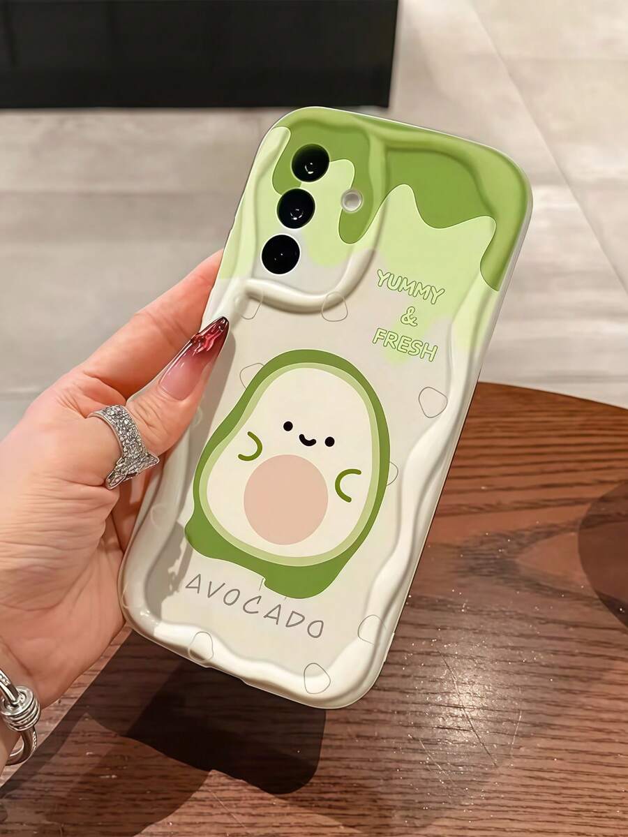 1pc Cream Ins Soft Cute Cartoon Avocado Phone Case White Green Energetic Smiling Face Phone Case, White Frame Shockproof Soft TPU Protective Cover, Suitable For GALAXY, HONOR, Phones - White - View 1