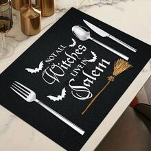 1/4/6pcs Halloween Series Witch Broom & Bat Pattern Printed Placemats, Heat-Resistant Table Mats For Home Kitchen, Table Protection, Kitchen Dining Table, Party Scene Decoration - Multicolor - View 12