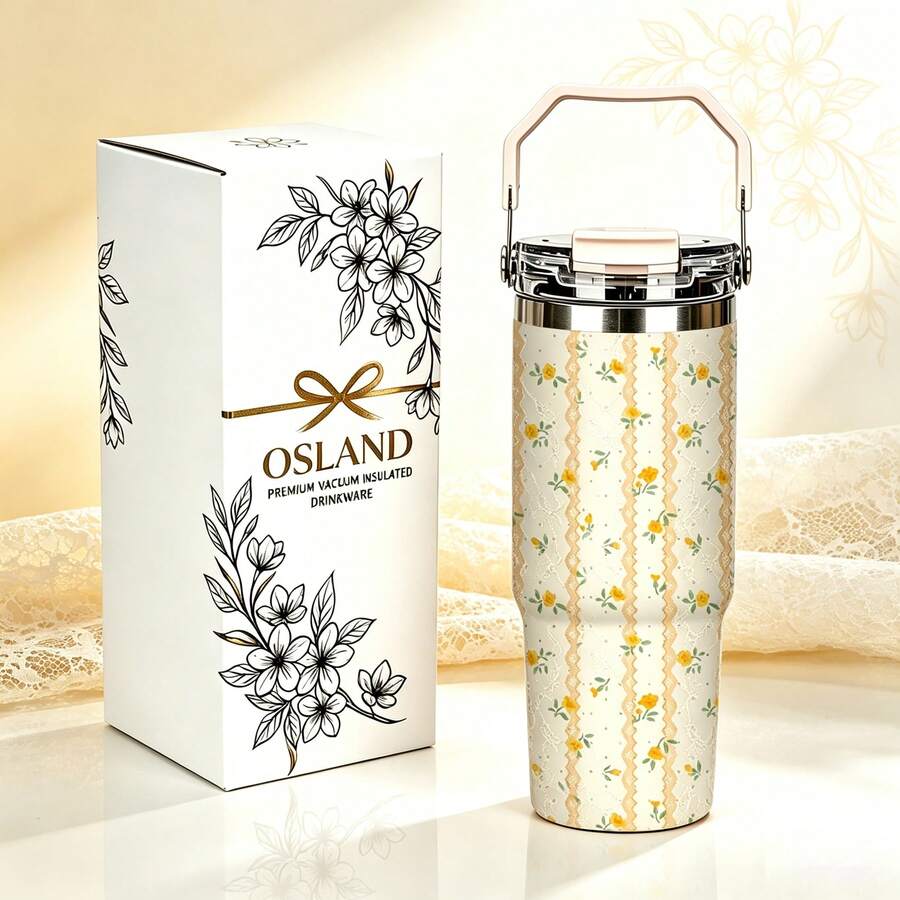 1/5pcs 30oz Stainless Steel Tumbler With Foldable Handle, Cream Lace ...