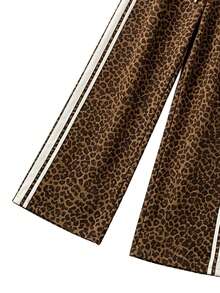 Women's Vintage Leopard Print Wide Leg Pants, White Contrast Side Stripes, Elastic Drawstring Waist, Loose Casual Sports Pants - Brown - View 5