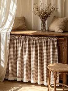 1pc Coffee White Plaid Table Skirt, Lightweight Breathable Country Style Curtain For Kitchen Cabinet, Bedroom, Living Room Home Decor - Coffee Brown - View 3