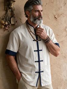 GOLDREDY Men's Retro Button-Down Short Sleeve Shirt, Summer Loose Breathable Chinese Collar Color Block Casual Shirt - Khaki - View 1