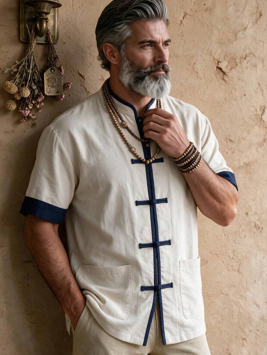GOLDREDY Men's Retro Button-Down Short Sleeve Shirt, Summer Loose Breathable Chinese Collar Color Block Casual Shirt - Khaki - View 1