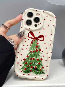 Christmas Tree & Small Heart Pattern Phone Case, Wavy Design Full Coverage Shockproof Soft Shell Compatible With Apple 17 16 15 14 13 12 11 Pro Max - Multicolor - View 2