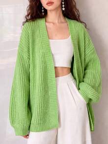 Women's Autumn/Winter Casual Minimalist Solid Color Loose V-Neck Cardigan Jacket - Green - View 3