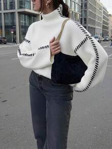 EAVA Women's French Contrast Color Contrast Stitch High Neck Knit Sweater, Versatile Pullover Knit Top For Commuting And Street Style White Fall - White - View 1