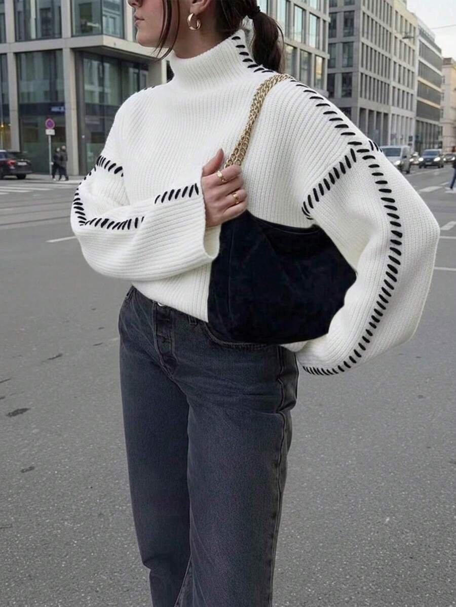 EAVA Women's French Contrast Color Contrast Stitch High Neck Knit Sweater, Versatile Pullover Knit Top For Commuting And Street Style White Fall - White - View 1
