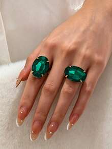 2pcs/Set Elegant Vintage Luxury Inlaid Green Oval Rhinestone Women's Ring Set, Suitable For Gift, Party, Daily Wear - Oval Green - View 1