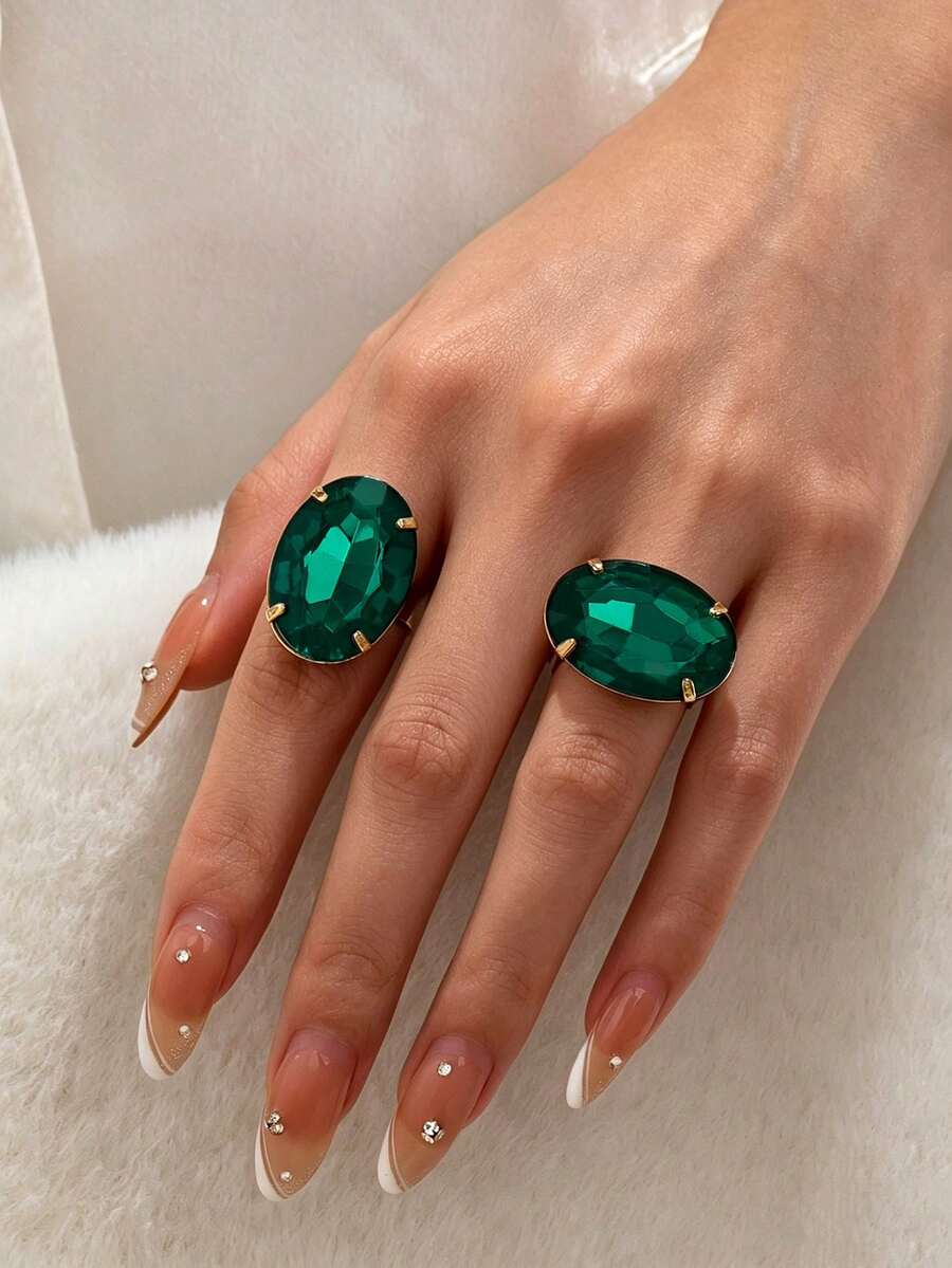 2pcs/Set Elegant Vintage Luxury Inlaid Green Oval Rhinestone Women's Ring Set, Suitable For Gift, Party, Daily Wear - Oval Green - View 1