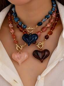1/3pcs Chunky Heart Necklace, Vintage Multicolor Exaggerated Style, OT Clasp Women's Jewelry Gift - Multicolor - View 17