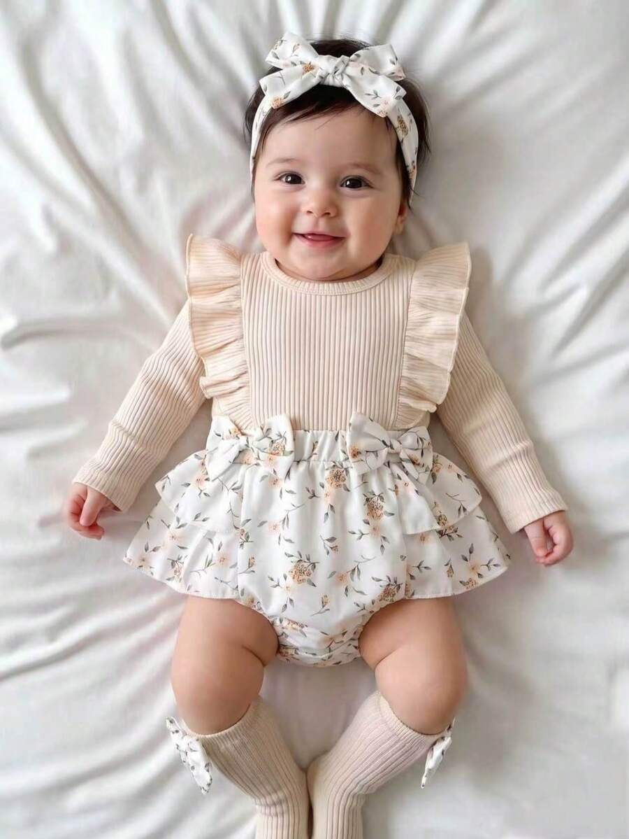 Autumn/Winter Baby Girl Cute Apricot Fuzzy Flutter Sleeve Ruffle Long Sleeve Gentle Floral Bow Bodysuit & Bow Socks & Floral Headband - Apricot - View 1