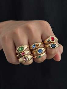 8pcs European & American Fashion Vintage Gold & Colorful Acrylic Gemstone Diamond Ring Set, Men's Metal Versatile Jewelry Set - Yellow Gold - View 1