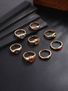 8pcs European & American Fashion Vintage Gold & Colorful Acrylic Gemstone Diamond Ring Set, Men's Metal Versatile Jewelry Set - Yellow Gold - View 3