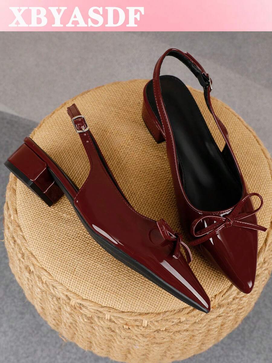 XBYASDF Women's Burgundy Glossy Bow Chunky Heel Pumps, Pointed Toe Slingback Buckle 3cm High Heels, Elegant Commute Comfortable Sandals - Burgundy - View 1