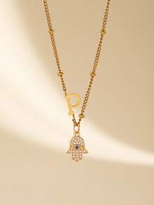 1 Piece Hamsa Hand Pendant Necklace For Women With 26 Letters Charm, Zirconia Eye Design Chain Necklace, Fashion Jewelry, Suitable For Daily Wear - Multicolor - View 26