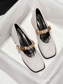 Beige Vintage Colorful Gem & Pearl Strap Mary Jane Shoes Women Spring Autumn Square Toe Chunky Heel French Mid-Heel Pumps - Beige - View 2