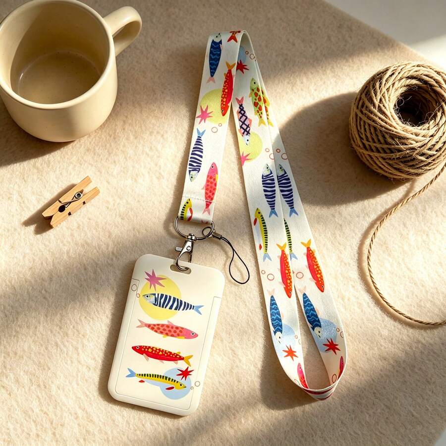 1 Piece Cute Cartoon Fish Lanyard Card Holder, Colorful Fish Long Ribbon Lanyard Accessories, Keychain ID Badge Card Holder Lanyard - Multicolor - View 1