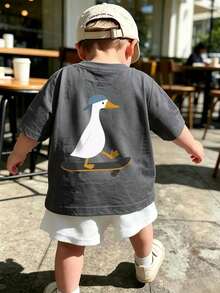 Young Boy Comfortable Soft Fabric Short Sleeve Top, Suitable For Spring, Autumn And Summer Daily Wear - Dark Grey - View 1