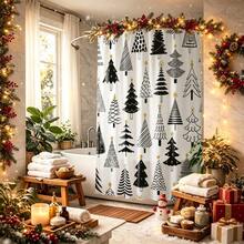 1pc Christmas Tree Print Shower Curtain, Abstract Vintage Polyester Fabric Shower Curtain With 12 Hooks, Suitable For Bathroom Or Bathtub Decor - Multicolor - View 8