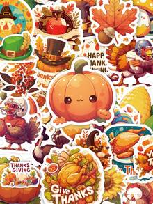 50Pcs Harvest Fall Thanksgiving Stickers, Thanksgiving Holiday Animal & Leaf Waterproof Stickers For Phone, Kindle, Notebook - Multicolor - View 2