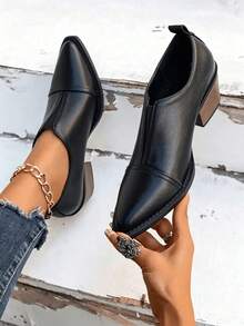 Sepatu Kasual Wanita Ukuran Besar Gaya Retro Inggris Model Slip-On Hak Tinggi Ujung Lancip, Cokelat, Musim Semi/Gugur, Sepatu Pumps Wanita, Sepatu Loafers - Hitam - View 5