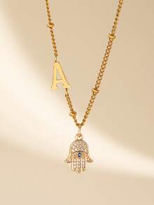 1 Piece Hamsa Hand Pendant Necklace For Women With 26 Letters Charm, Zirconia Eye Design Chain Necklace, Fashion Jewelry, Suitable For Daily Wear - Multicolor - View 10