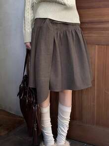 Rok A-Line Cokelat Wanita, Rok Gaya Mewah Musim Gugur/Dingin - Coklat - View 7