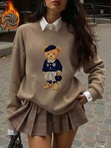 Elegant Casual Cute Plus Size Women's Bear Pattern Knit Sweater, Soft Warm Fuzzy Feel, Minimalist Versatile, Loose Comfortable - Earth Gray - View 1