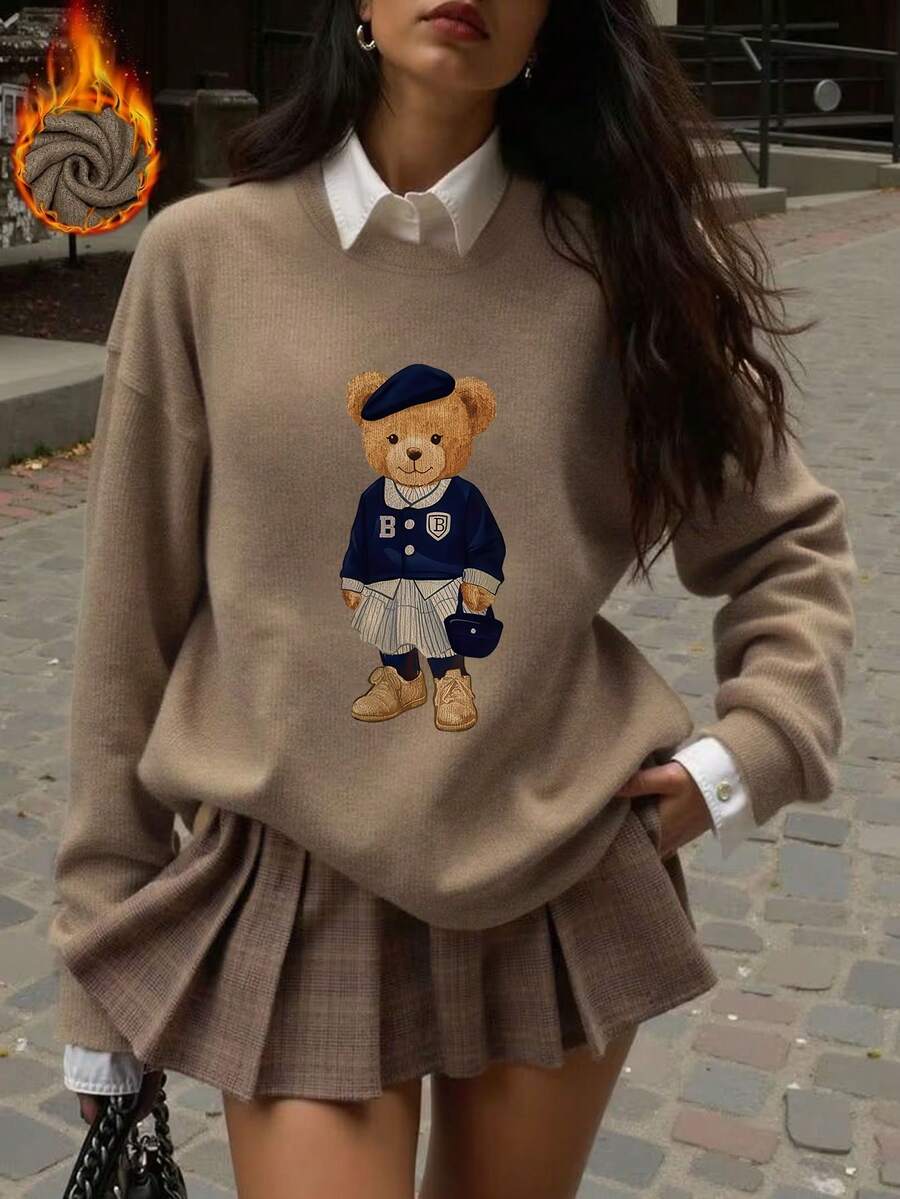 Elegant Casual Cute Plus Size Women's Bear Pattern Knit Sweater, Soft Warm Fuzzy Feel, Minimalist Versatile, Loose Comfortable - Earth Gray - View 1
