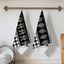 2pcs Kitchen Towels, Plaid Bow & Floral Design Microfiber Kitchen Towels, 40*60cm/15.7*23.6in Towels, Single-Sided Print, Dish Cloths For Kitchen, Suitable For Restaurant, Meat Room, Bathroom Decor, Holiday Gift - Multicolor - View 6