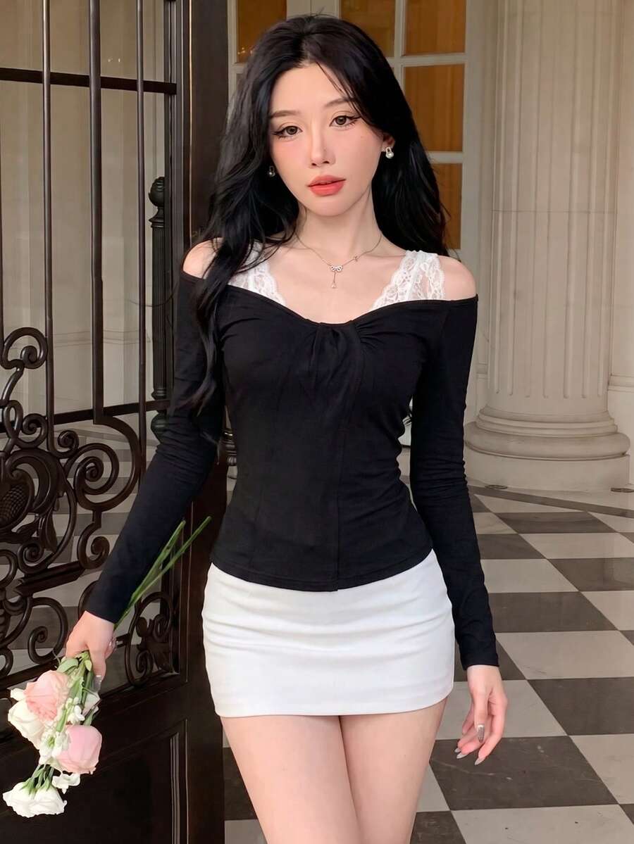 Sexy Halter Neck Cold Shoulder Lace Patchwork Fitted Top, Autumn/Winter New Style - Black - View 1