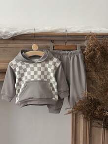 2pcs/Set Baby Grey Checkerboard Patchwork Towel Embroidery Long Sleeve Sweatshirt & Long Pants Spring Autumn Minimalist Set - Grey - View 7