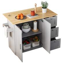 Kitchen Island On Wheels, Rolling Storage Trolley With Foldable Tabletop, 3 Drawers, 2 Doors, Lockable Swivel Wheels, Towel Rack – Versatile For Dining Room & Living Room,135*44(70)*90cm - Grey + MDF - View 9