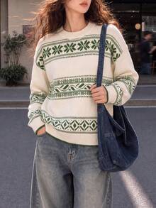 Women's Winter Casual Minimalist Vintage Pattern Crew Neck Pullover Sweater - Beige - View 3