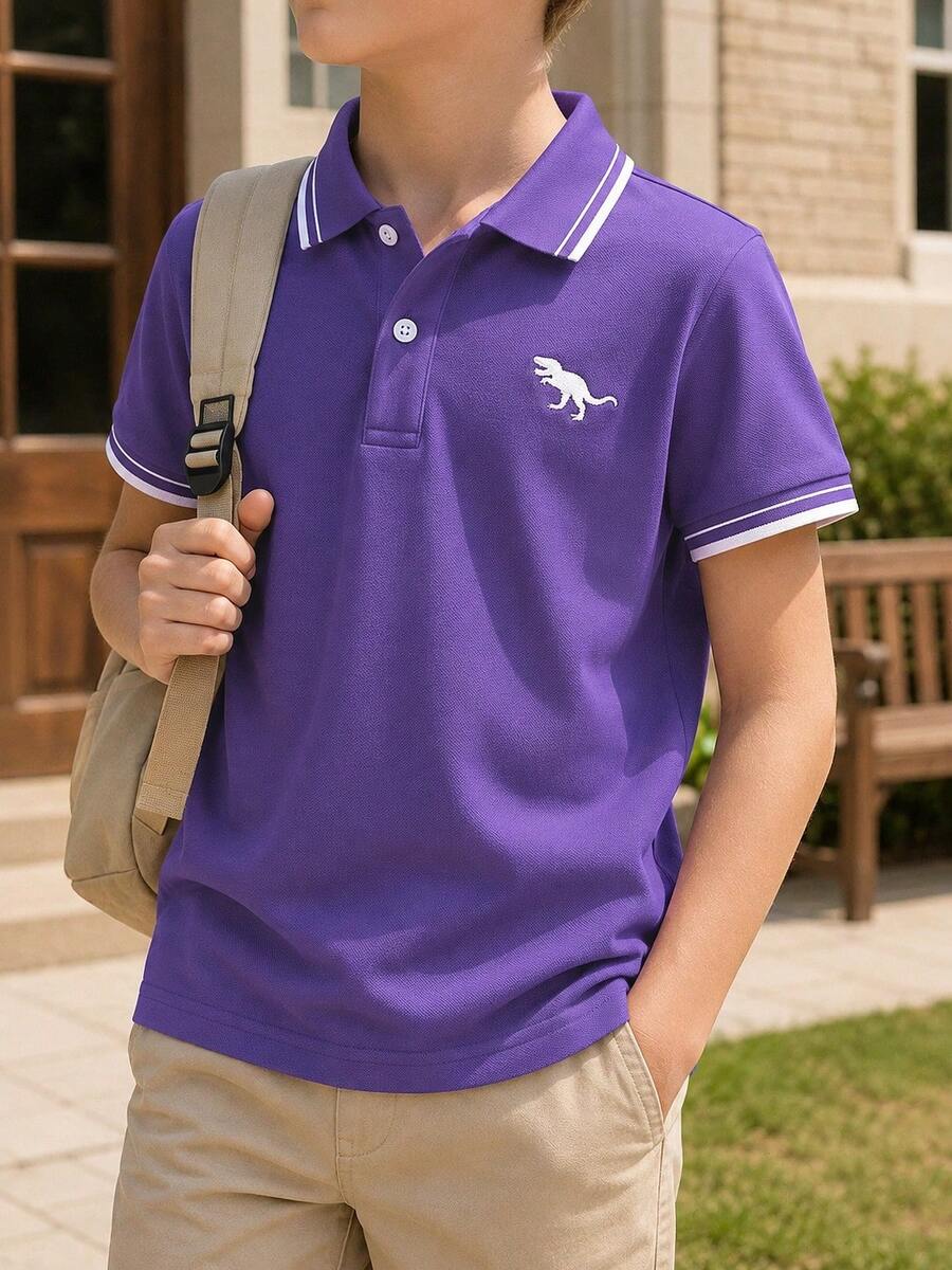 小男孩休閒對比飾邊短袖 Polo 衫,夏季 - 紫色 - 查看 1