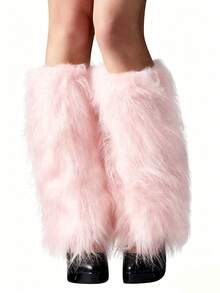 1 Pair Women Pink Fluffy Faux Fur Leg Warmers, Shaggy Long Boot Cuffs Y2K Rave Party Cosplay Fuzzy Leg Socks - Pink - View 1