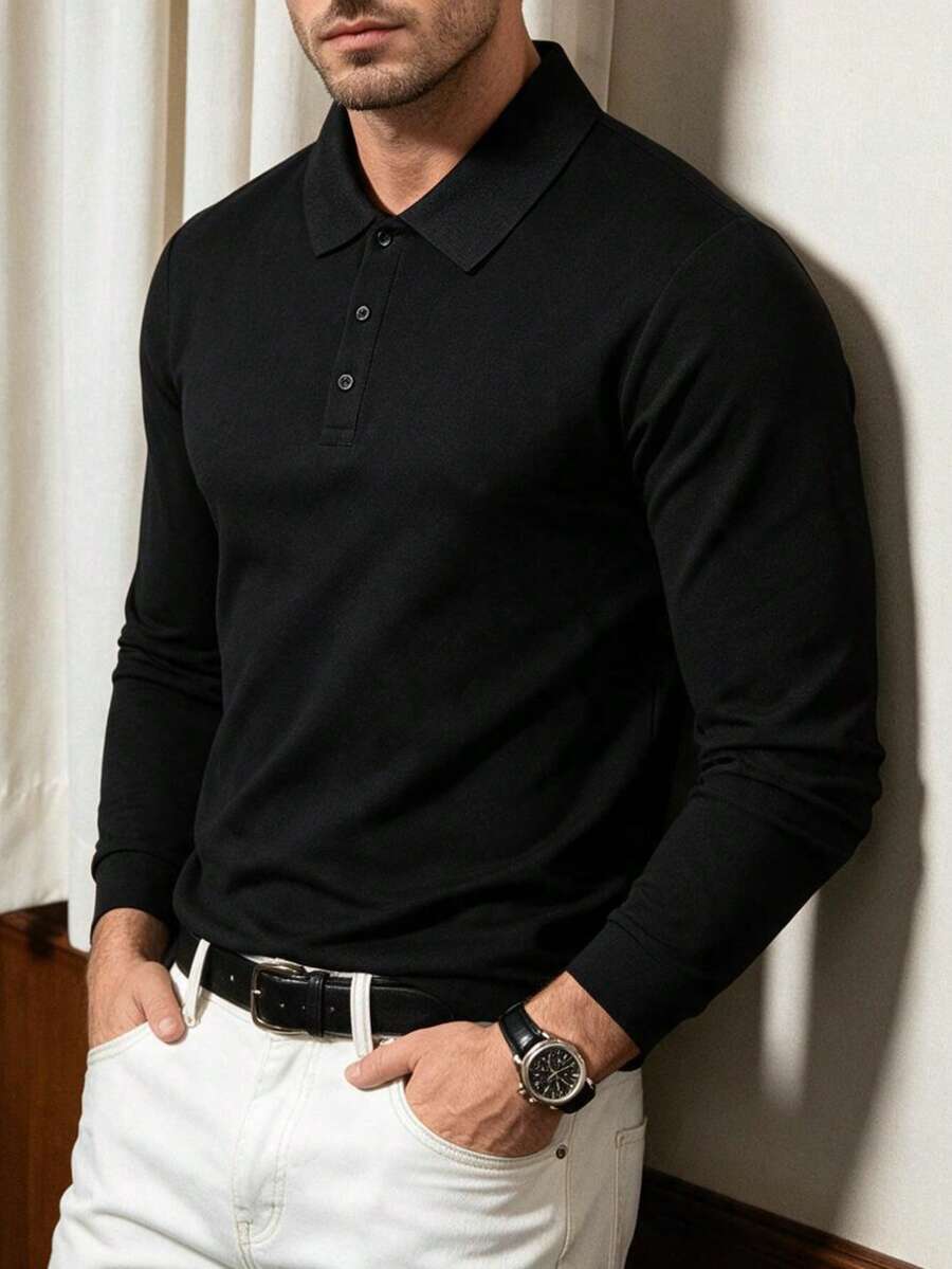 Men's Spring/Autumn Daily Commute Fashion Casual Solid Color Minimalist Long Sleeve Polo Shirt - Black - View 1