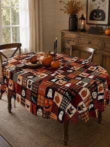 1pc Vintage Patchwork Halloween Polyester Tablecloth, Black Cat, Pumpkin, Ghost, Bat, Skeleton & Plaid Print Rectangular Table Cover For Halloween Party, Dining Room, Kitchen And Home Decor - Multicolor - View 10