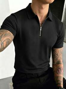 Men's Fashionable Minimalist Solid Color Zipper Short Sleeve T-Shirt, Summer - Black - View 3